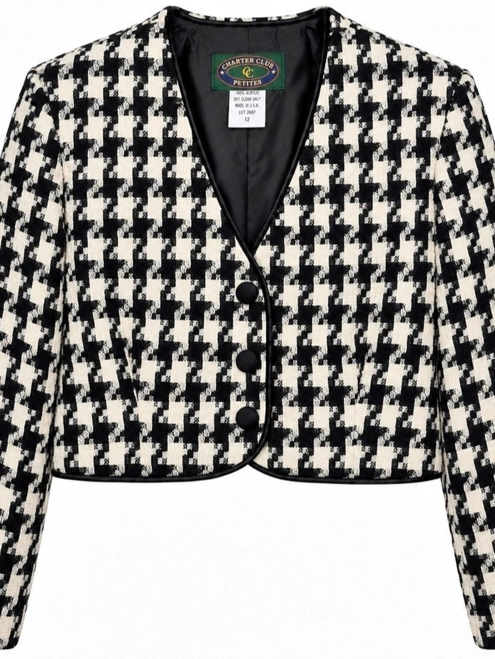Vintage Charter Club Petites Black & Ivory Houndstooth Cropped Jacket